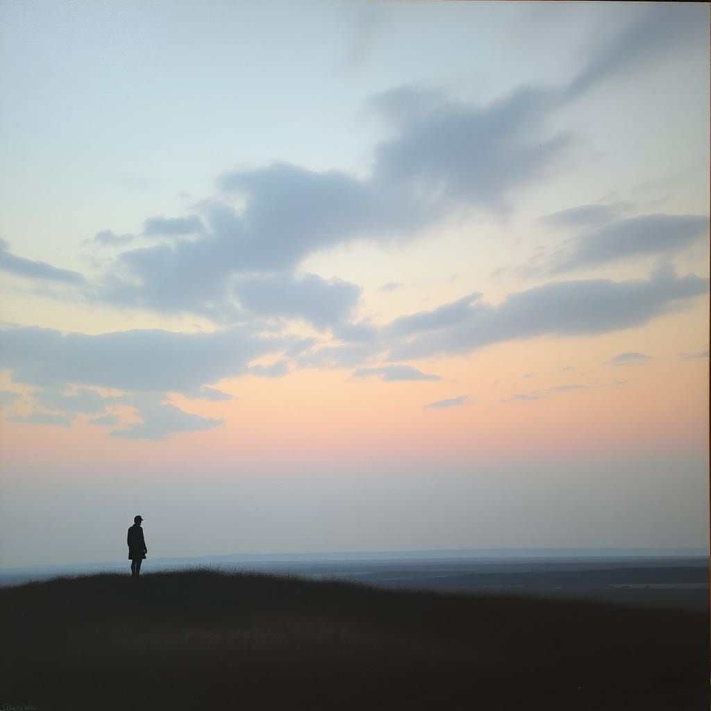 Solitary Figure in Dreamlike Landscape as Oil Painting