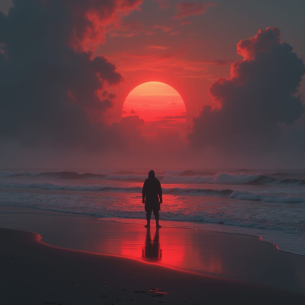 Ninja on a Dark Beach at Sunset, Inspired by Cyberpunk and D...