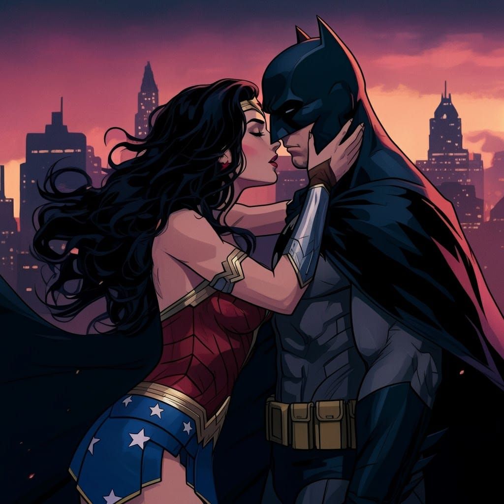Wonder Woman leaning in to kiss Batman.