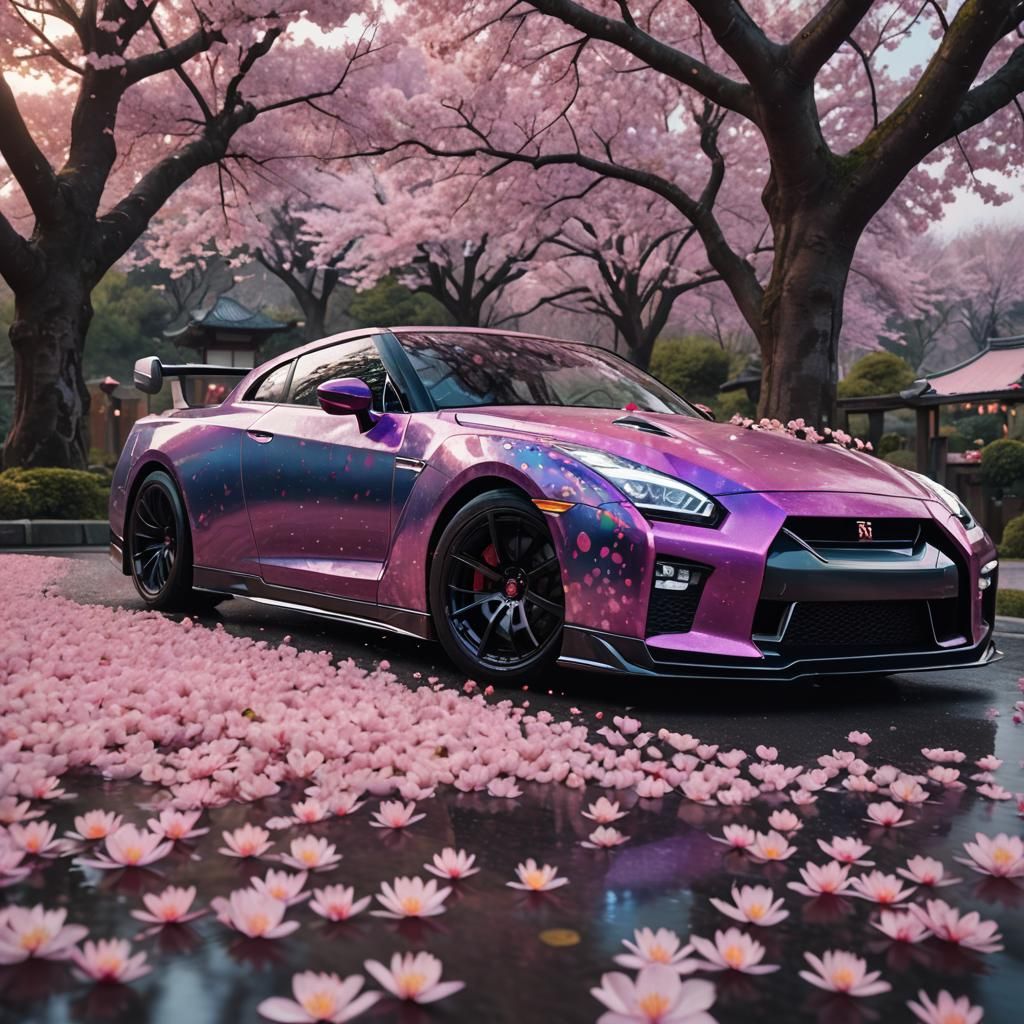 Nissan GTR R35 Surrounded by Cherry Blossoms