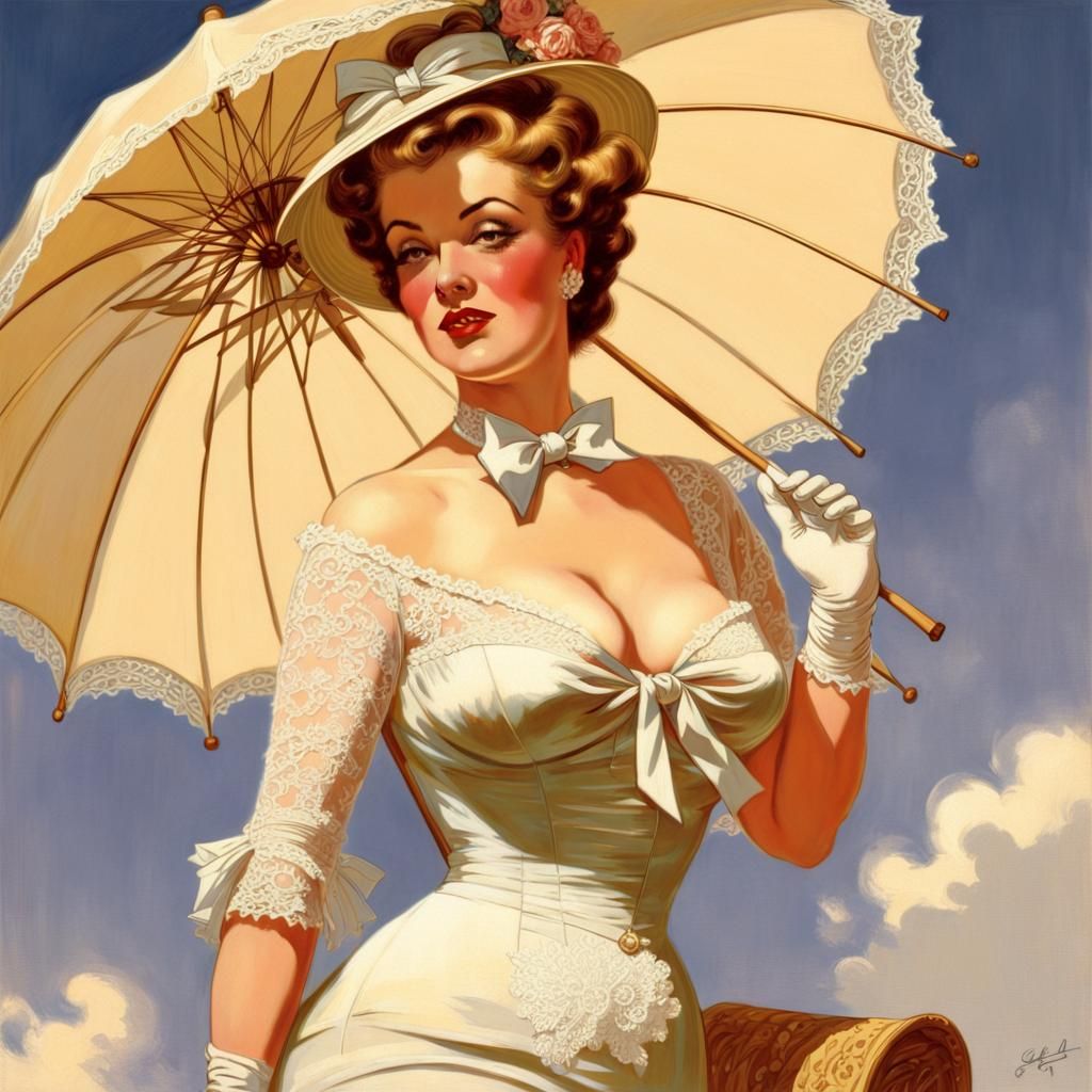 Gil Elvgren Style Belle Epoque Woman in Lace