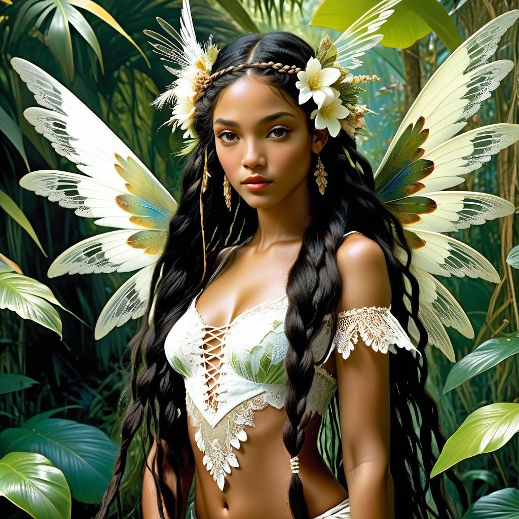 Lush Jungle Fairy in Arthur Rackham Style