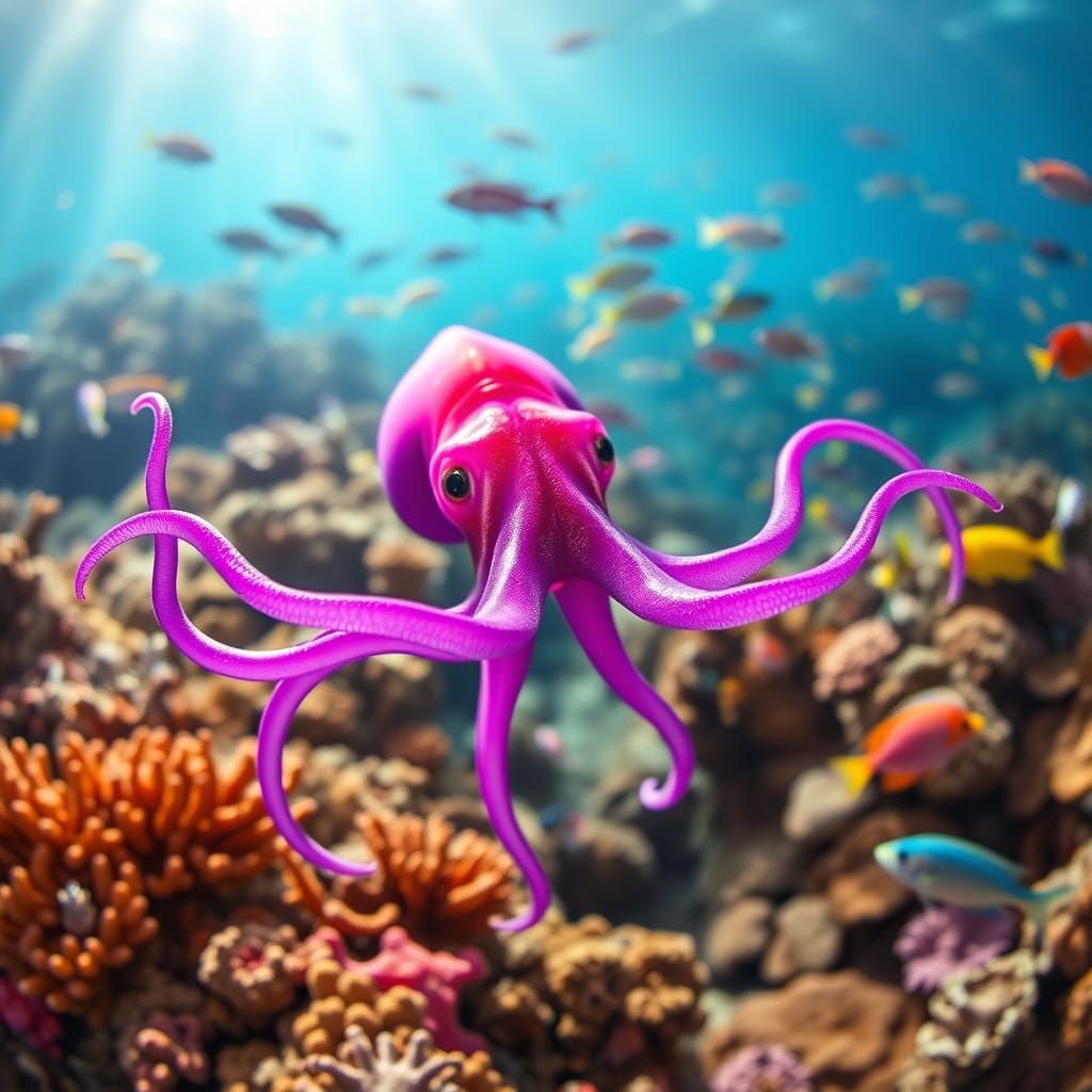 Vibrant Violet Squid in Thriving Coral Reef