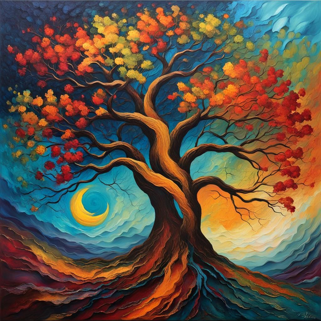 Dramatic Trees Dancing in Impasto Style