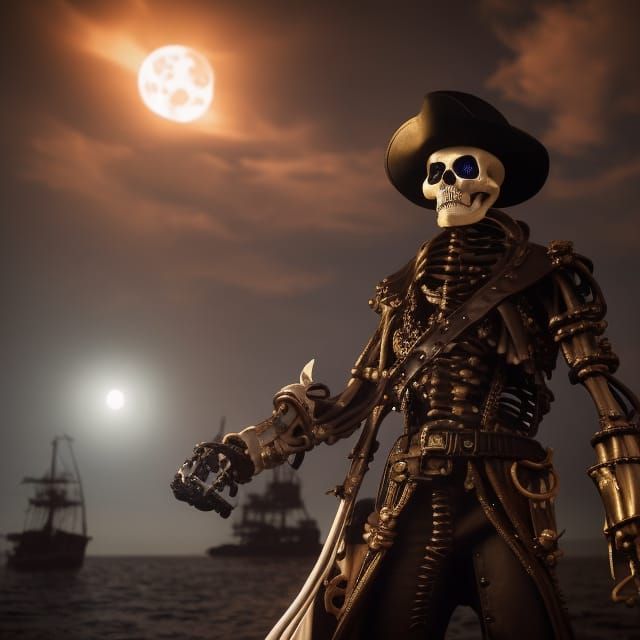 Skeleton Pirate Captain on Ship in Moonlight