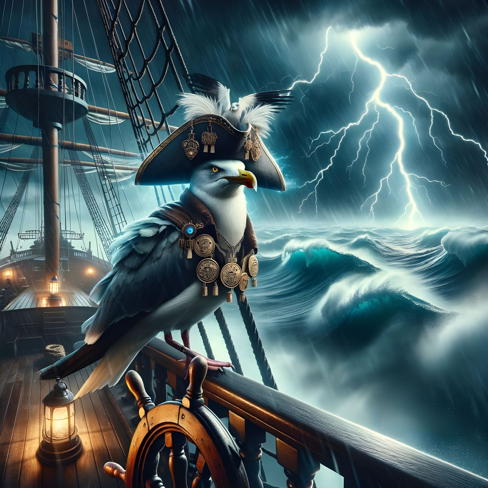 Seagull Pirate Captain Navigates Stormy Seas