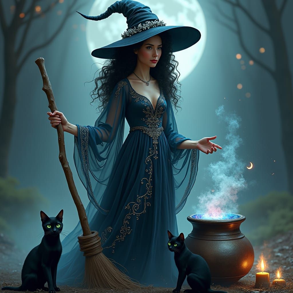 Benevolent Witch with Cats and Potion Cauldron