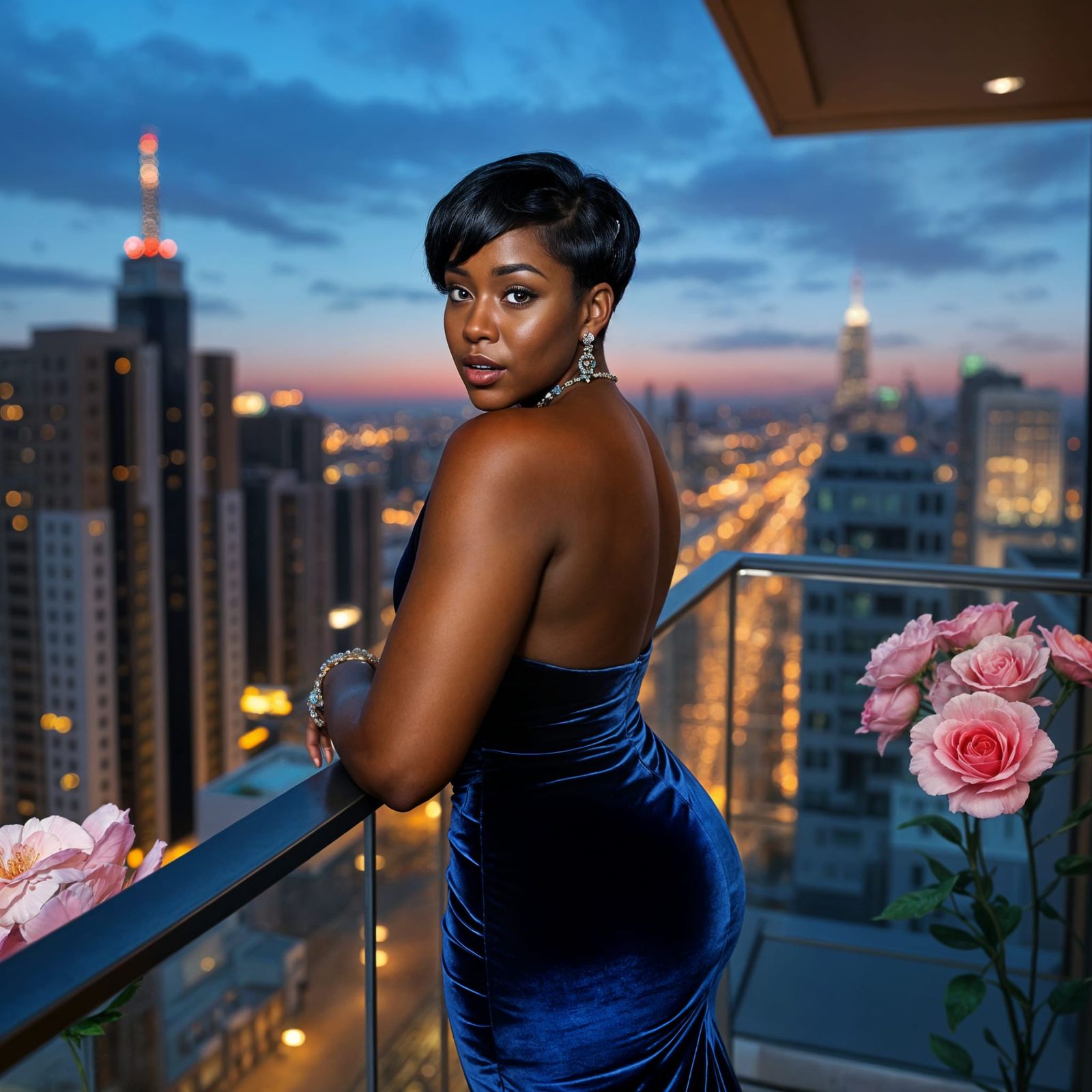 A Curvy Woman in Velvet Gown Leans on Glass Balcony