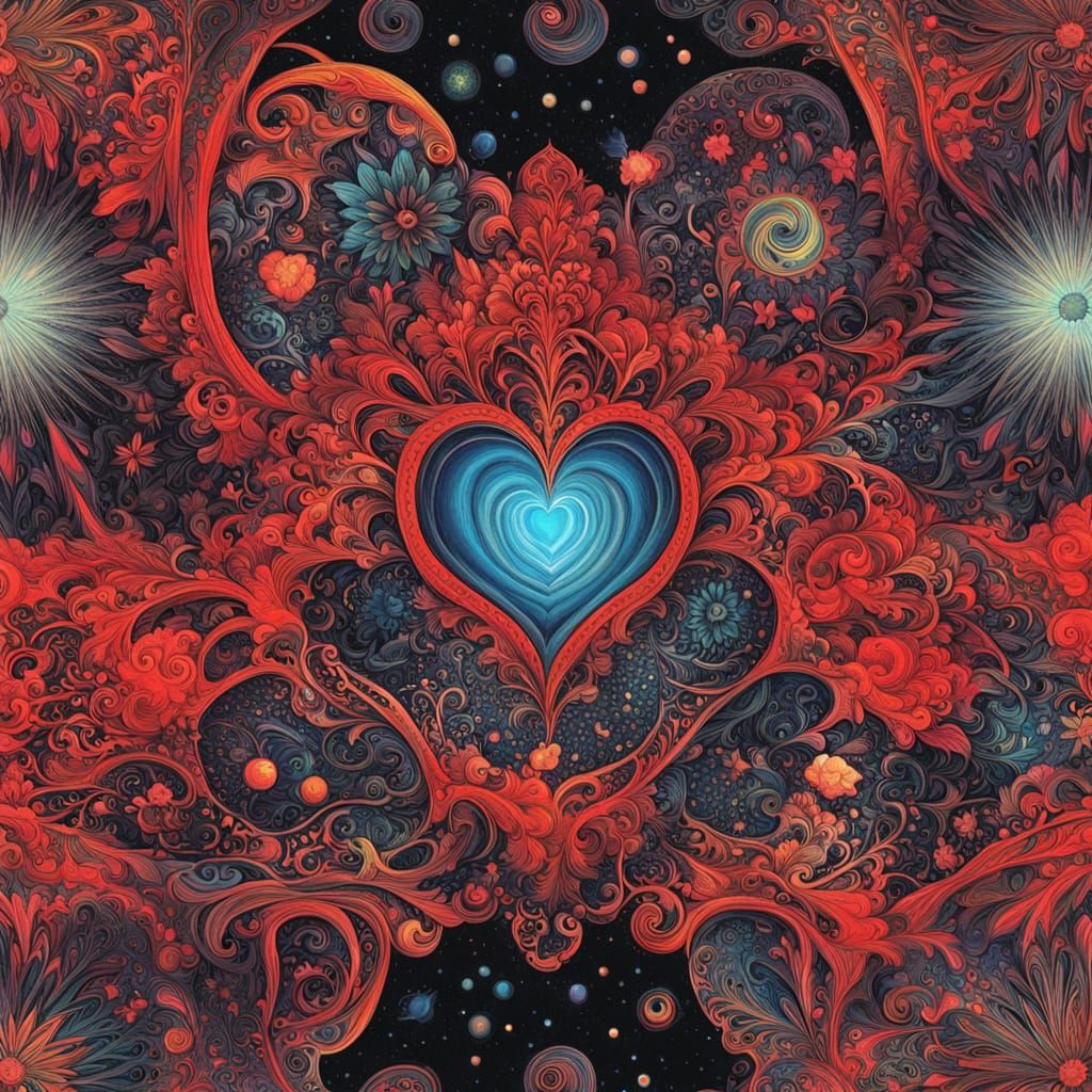Surreal Cosmic Heart with Fractals and Nebulae