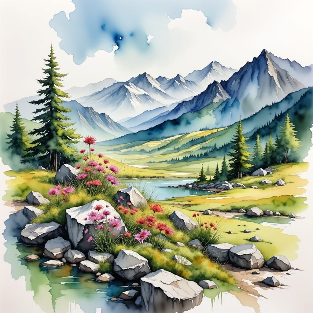 Alpine Flowers in Mountains, Watercolor Gouache Style