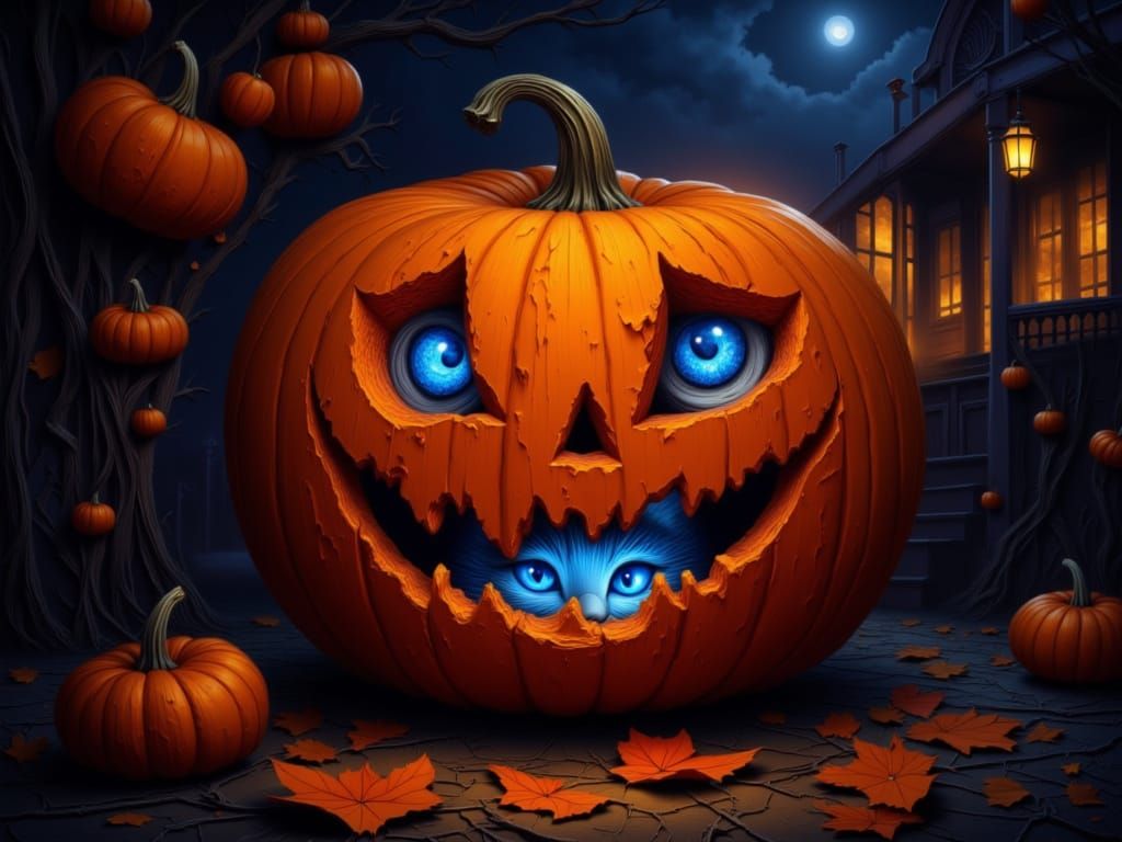Smiling Pumpkin with Hidden Cat, Mystical Autumn Night