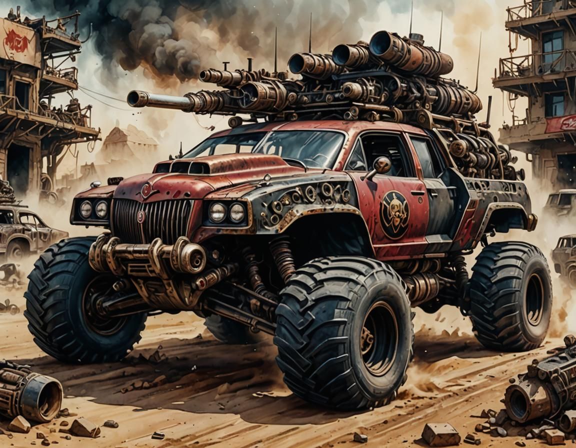 Apocalyptic Buick ATV Battlecar in Watercolor Style