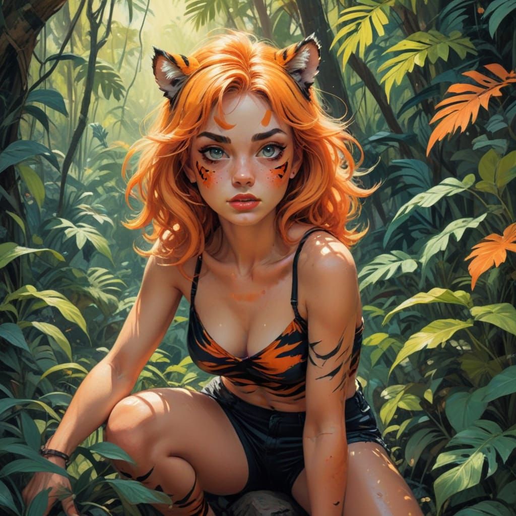 Fantasy Pin-Up Tiger Woman in Vibrant Pastel Hues