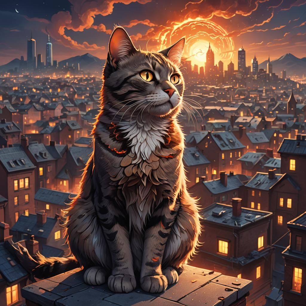 Cartoon Cat Overlooking Supernatural Cityscape