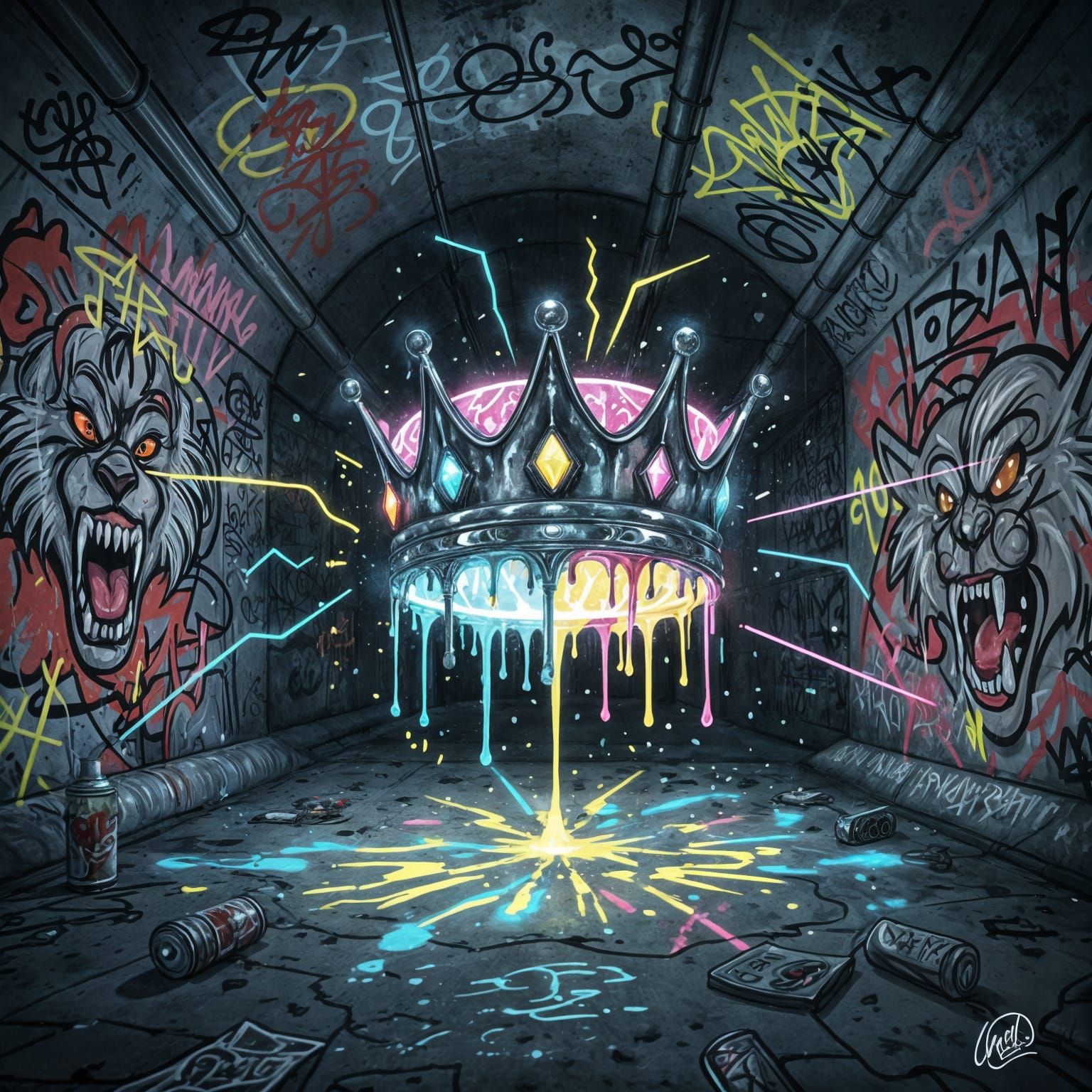 Molten Chrome Crown Above Subway Tunnel, Graffiti Art Style