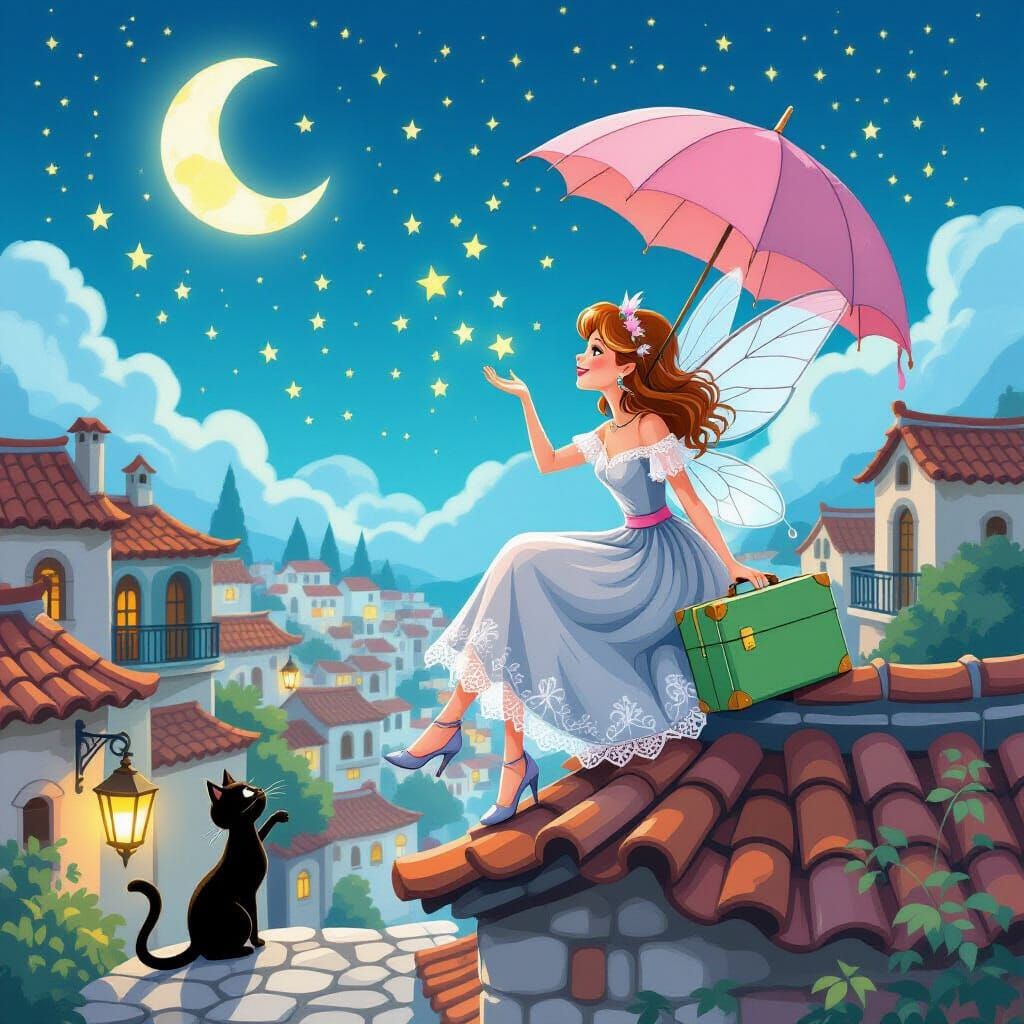 Fairy Picks Stars from Sky on Rooftop with Pink Umbrella