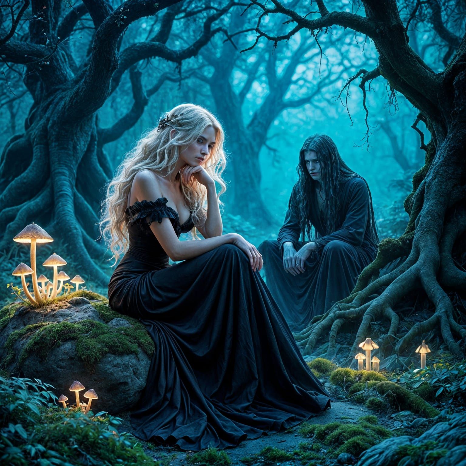 Ethereal Woman in Enchanted Forest, in Dark Fantasy Style