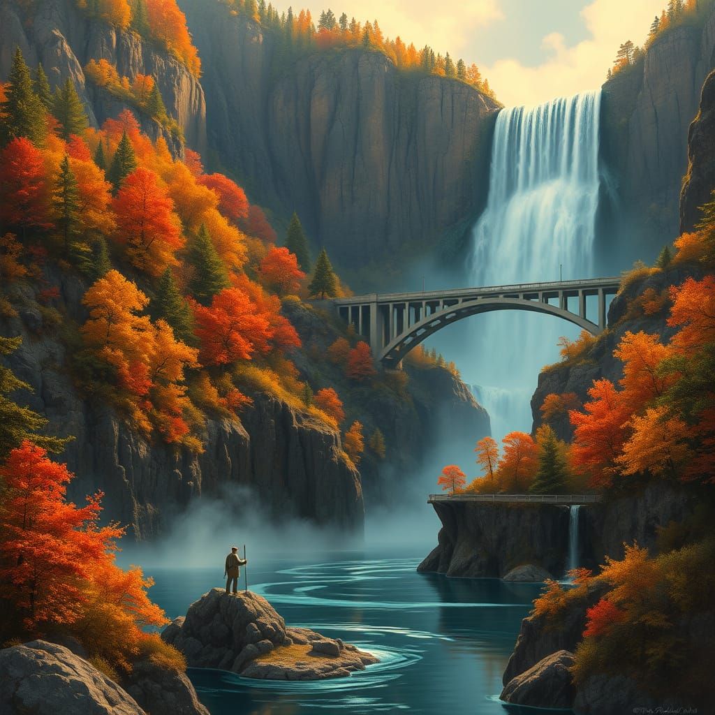 Majestic Waterfall and Bridge in Autumn Landscape