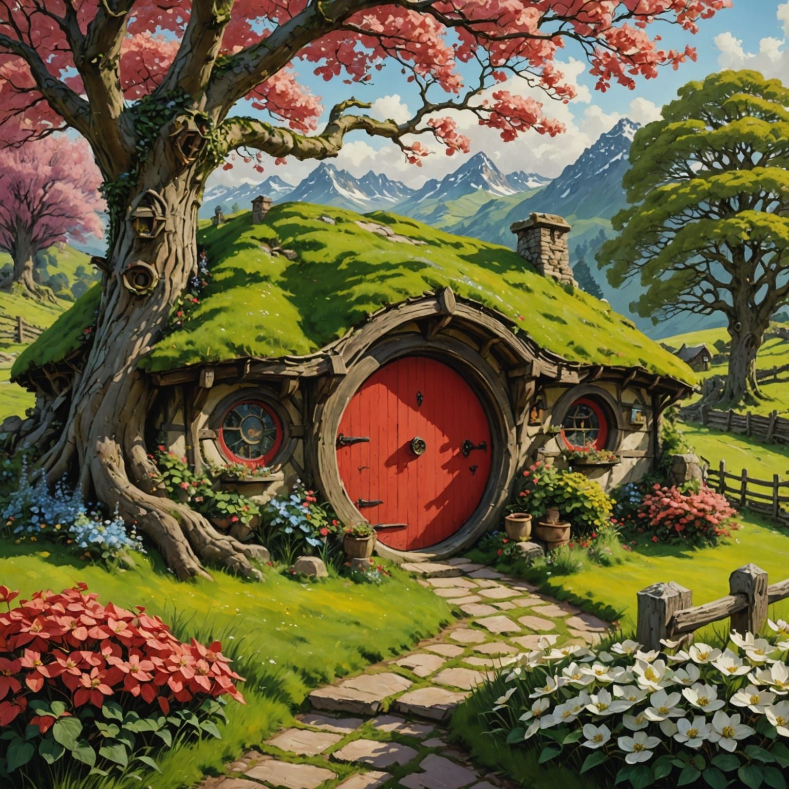 Epic Red Door Hobbit House in Whimsical Shire Landscape