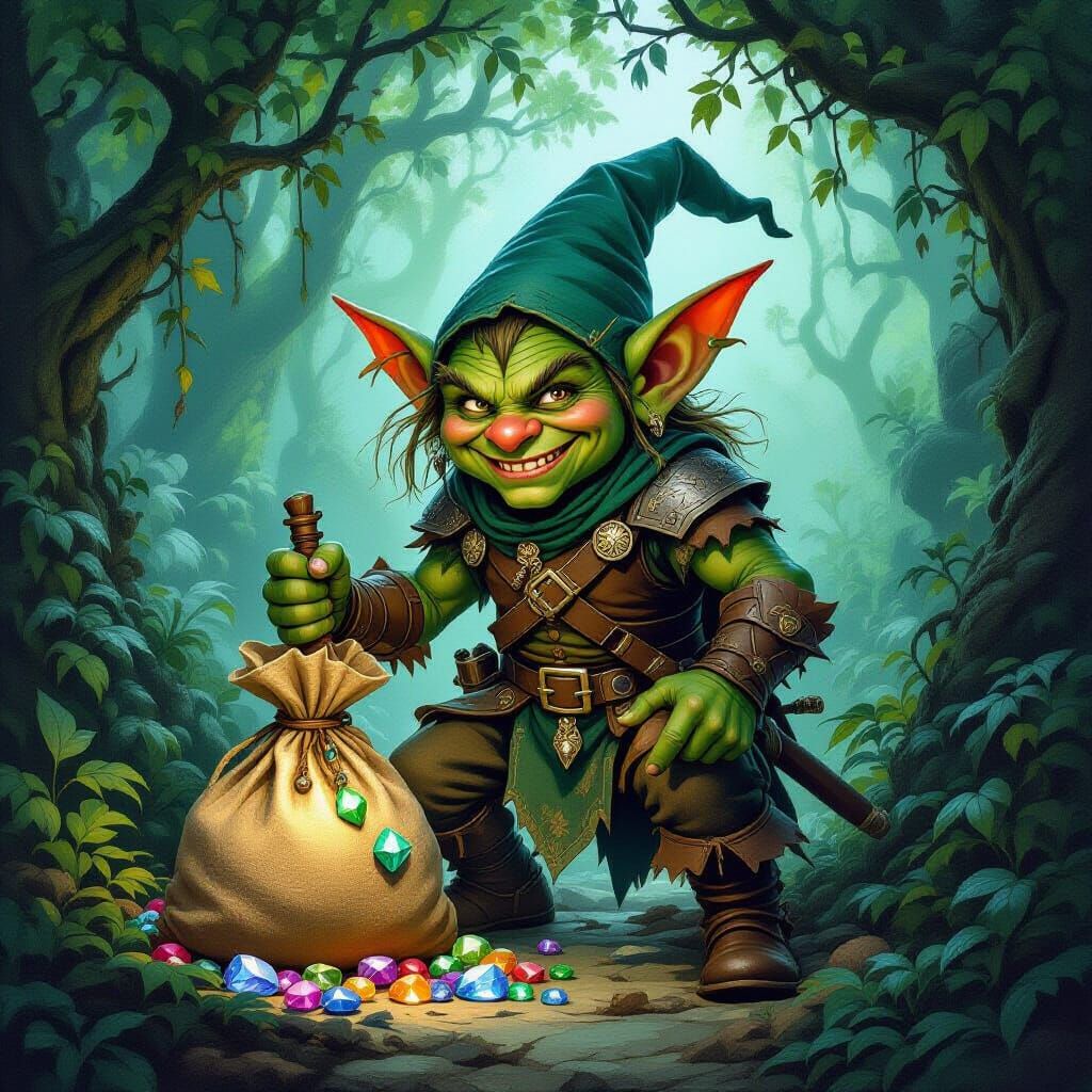 Mischievous Goblin Stealing Enchanted Gemstones