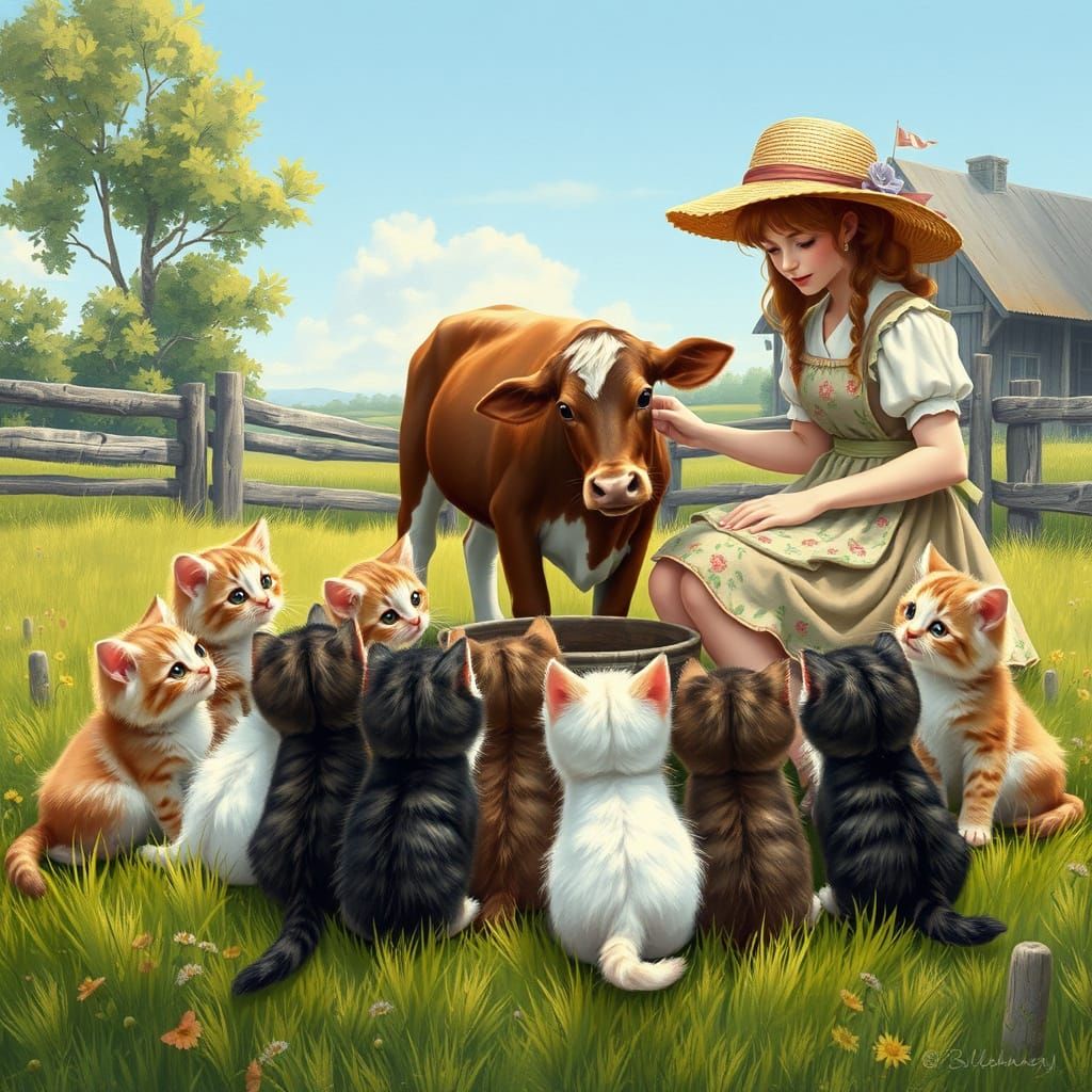 Kittens Watch Farmer Milk Cow in Idyllic Farm Scene