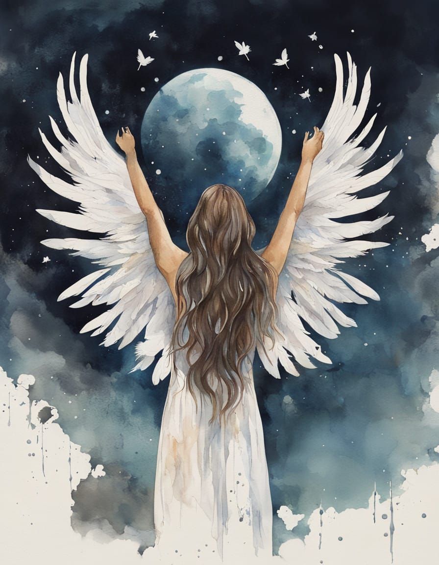 Romantic Vintage Goddess Soars Towards the Moonlit Sky