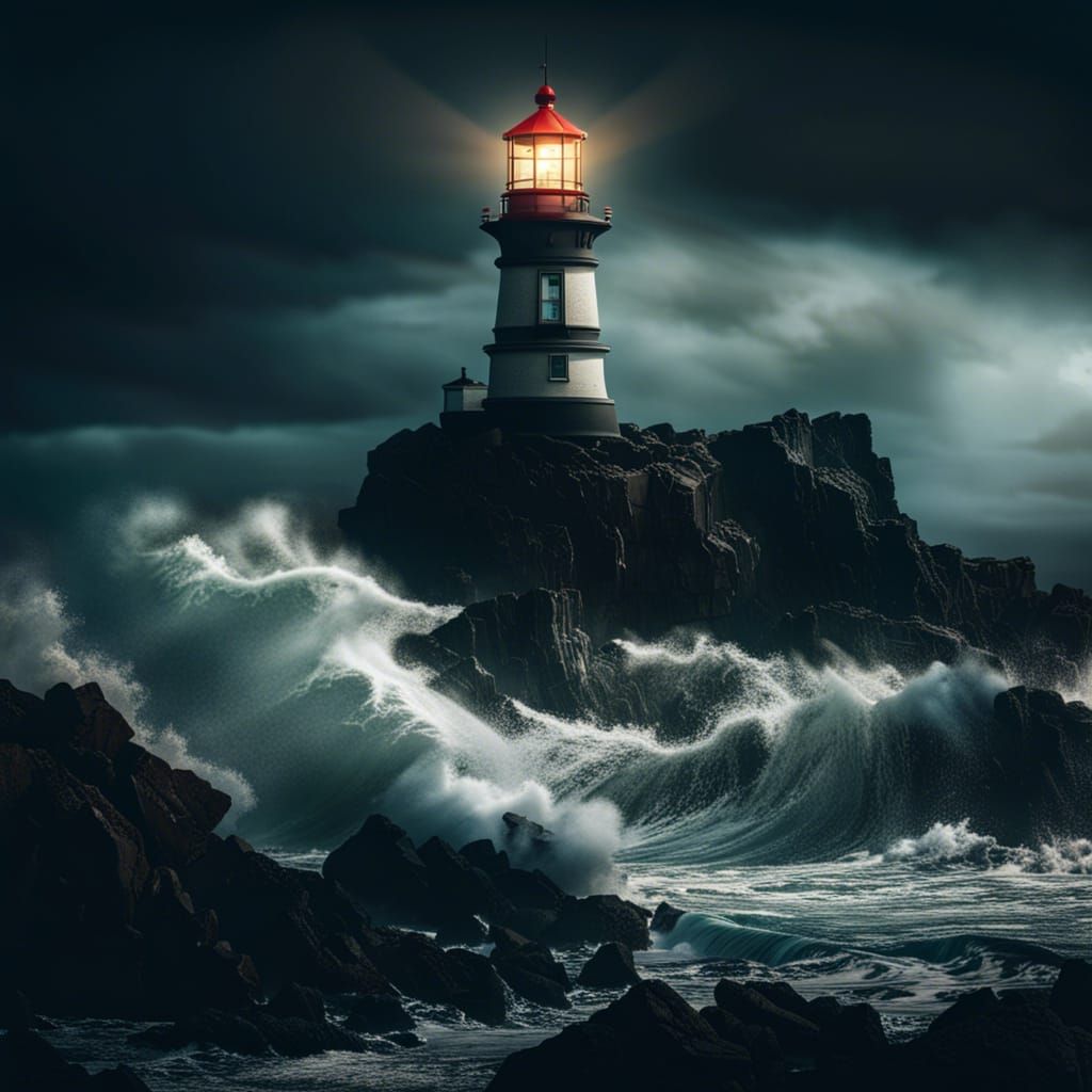 Dramatic Lighthouse on Rocky Shore in Stormy Ocean
