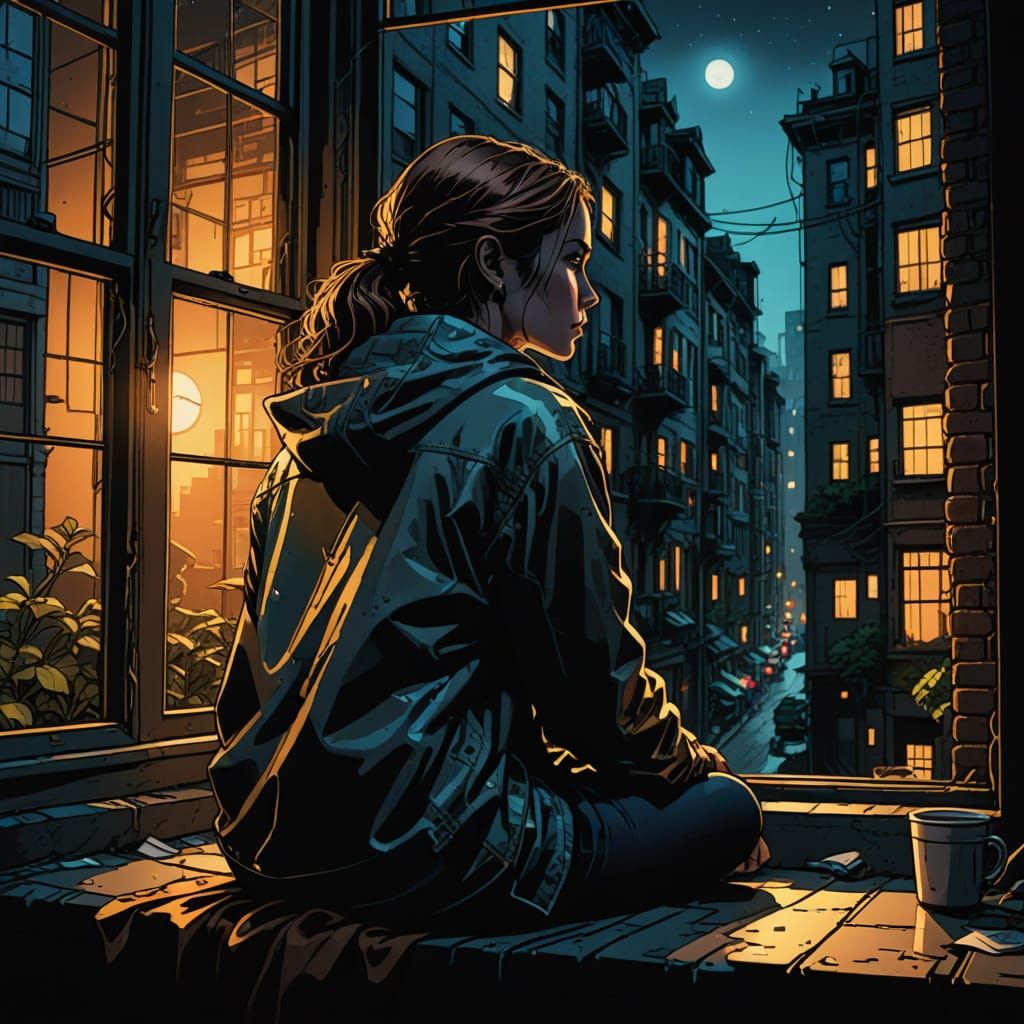 Woman in City Window, Comic Book Style