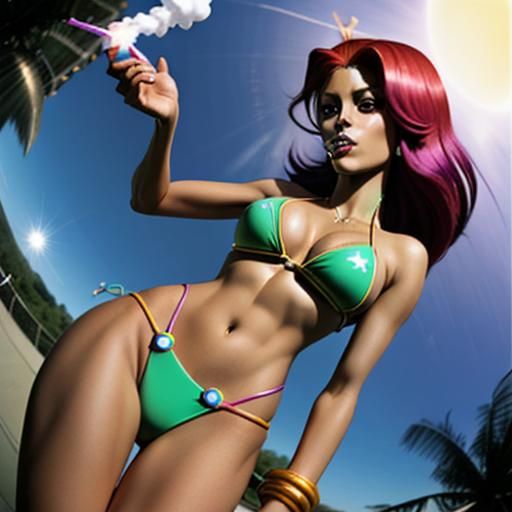 Starfire in Bikini Smoking Weed: Fisheye View
