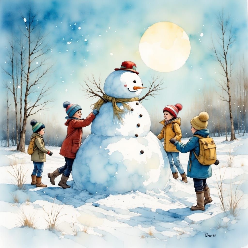 Children Building Snowman in Sunny Winter Wonderland Waterco...