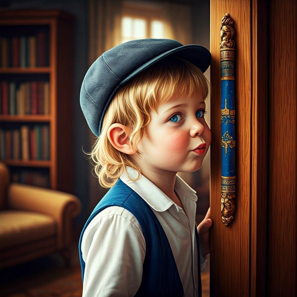 Boy and Mezuzah: A Heartwarming Moment in Golden Light