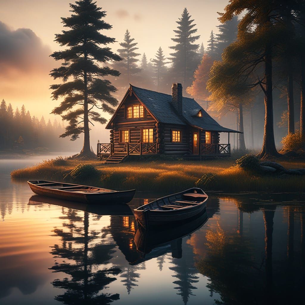 Log Cabin at Sunrise: Fantasy Concept Art