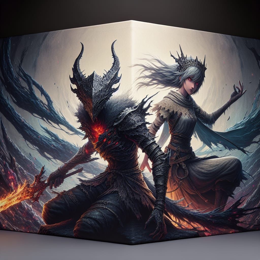 Fantasy Romance: Ashen One and Firekeeper in Anime Style