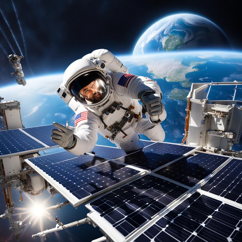 Astronaut Repairs Solar Panel in Space
