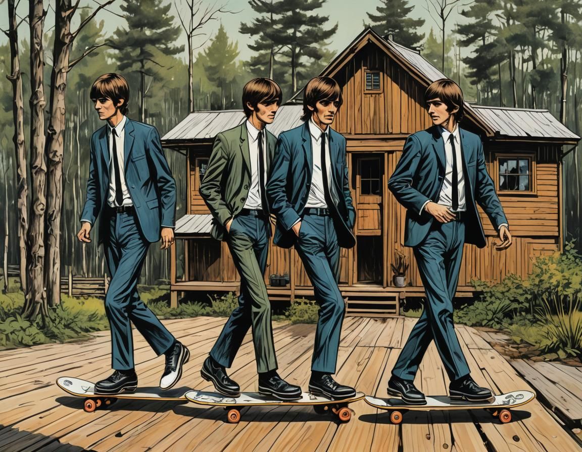 the beatles skating in front of a wooden cabin