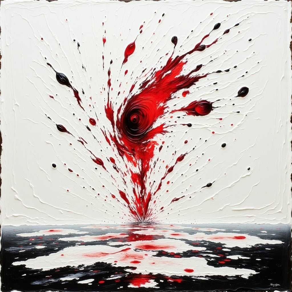 Abstract Expressionist Oil Painting of Swirling Red and Whit...