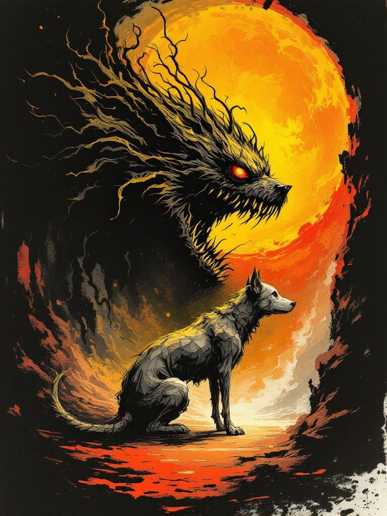 Dog Faces Shadow Beast in Gothic Atmosphere