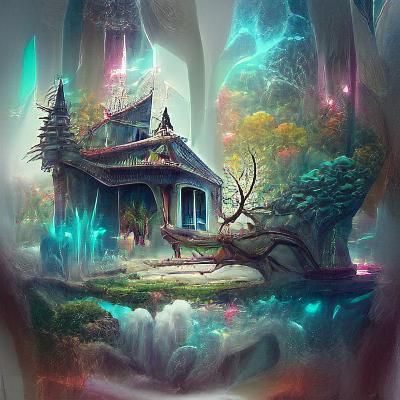 Mystical House in Enchanted Forest, Fantasy Art