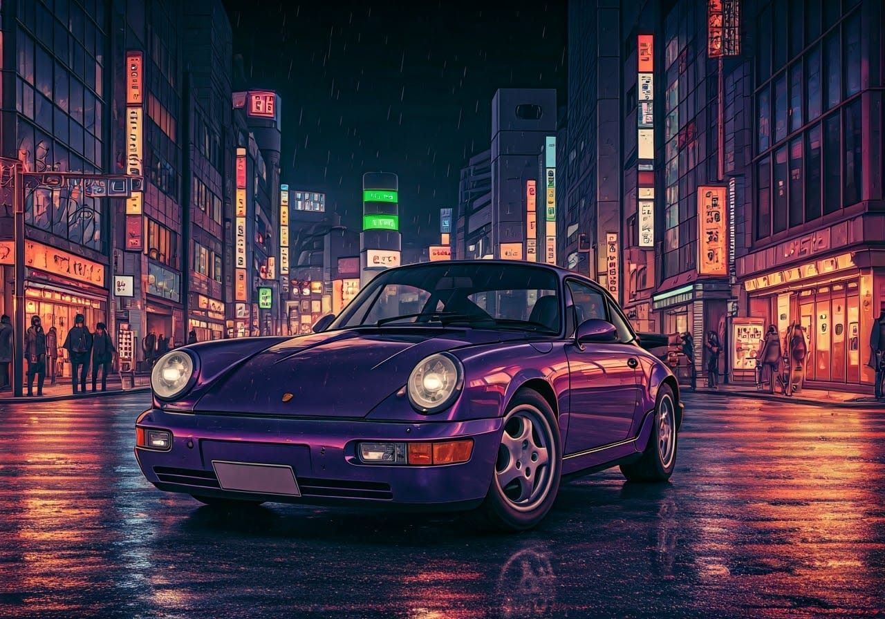Porsche 964 Amethyst Metallic in Anime Shibuya Street
