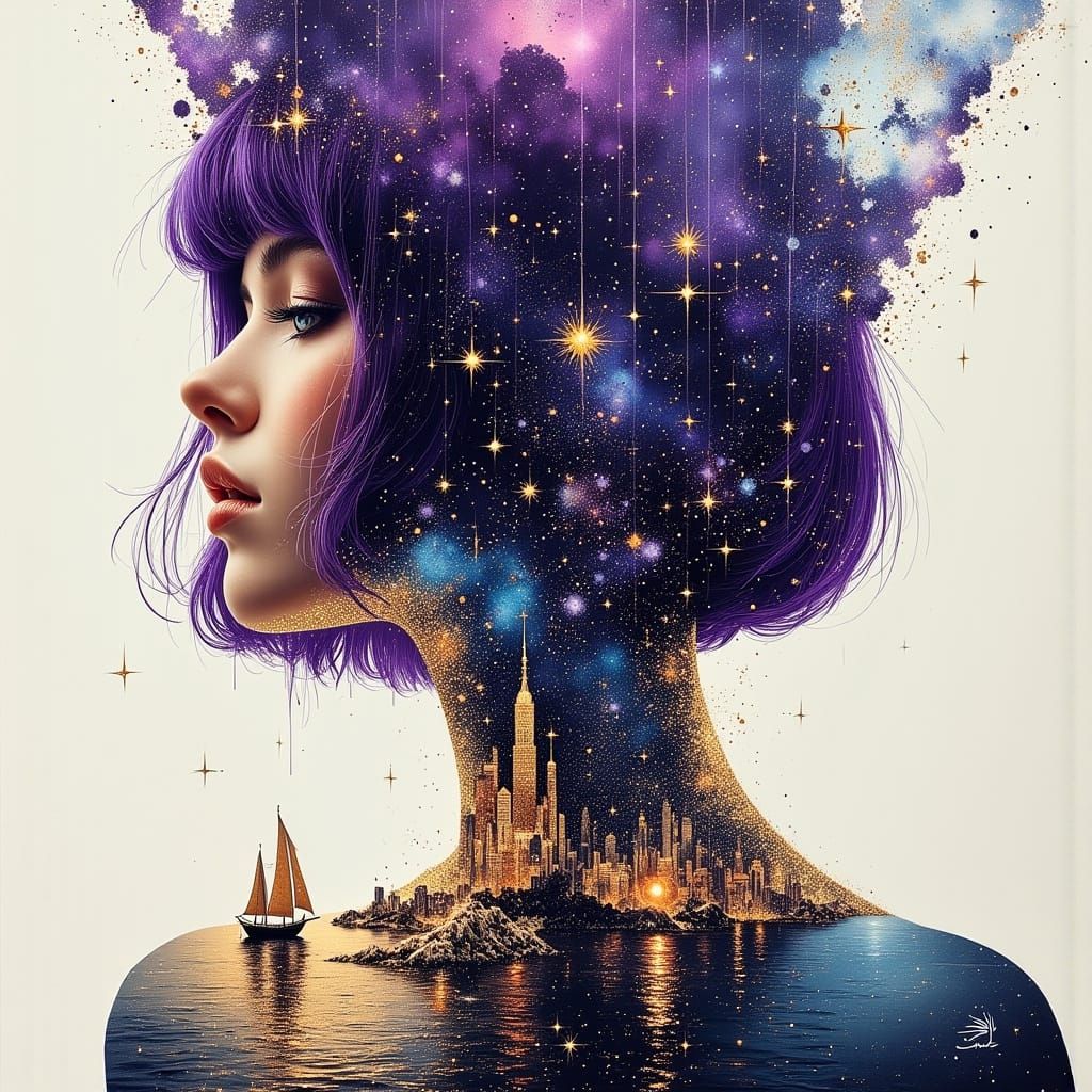 Surreal Double Exposure Woman Merging With Cosmic Galaxy