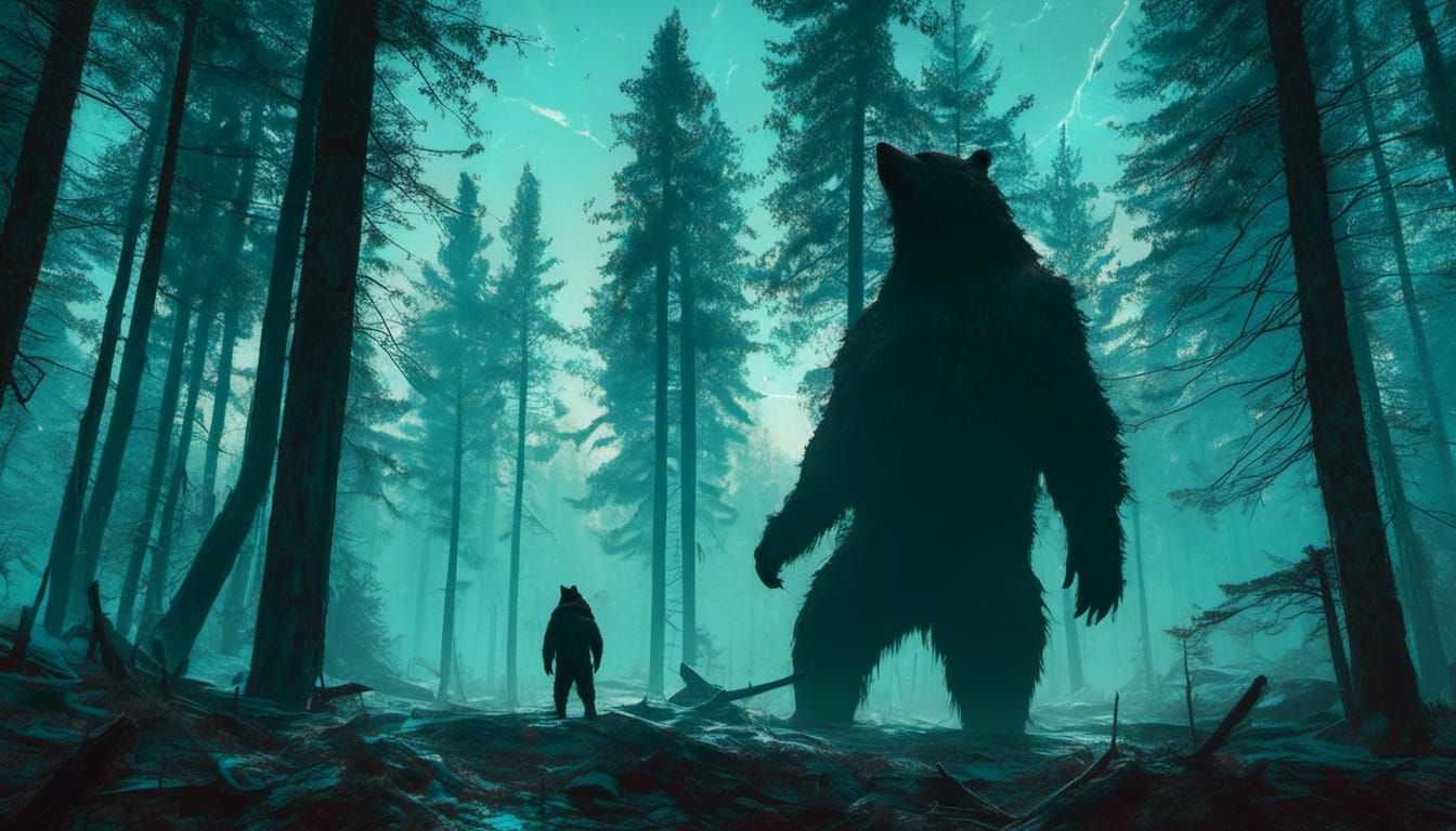 Macabre Bear Silhouette in Cyan Forest