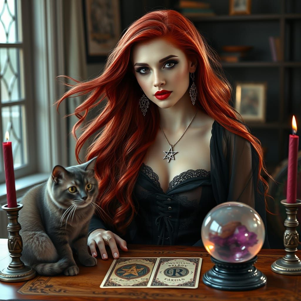 Goddess with Red Hair and Purple Cat
