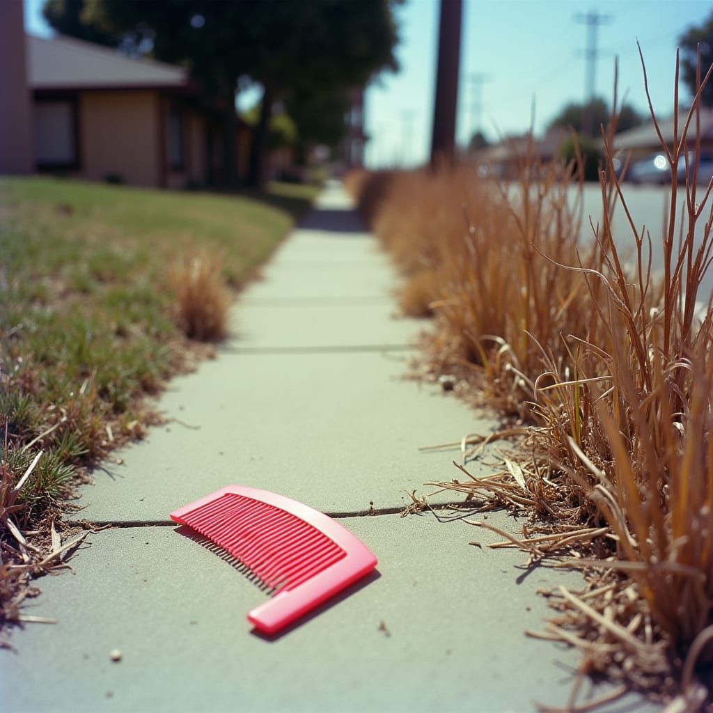 Pink comb on the sidewalk of a skid row side of San Diego 1983 weeds lined up by height at the curb.