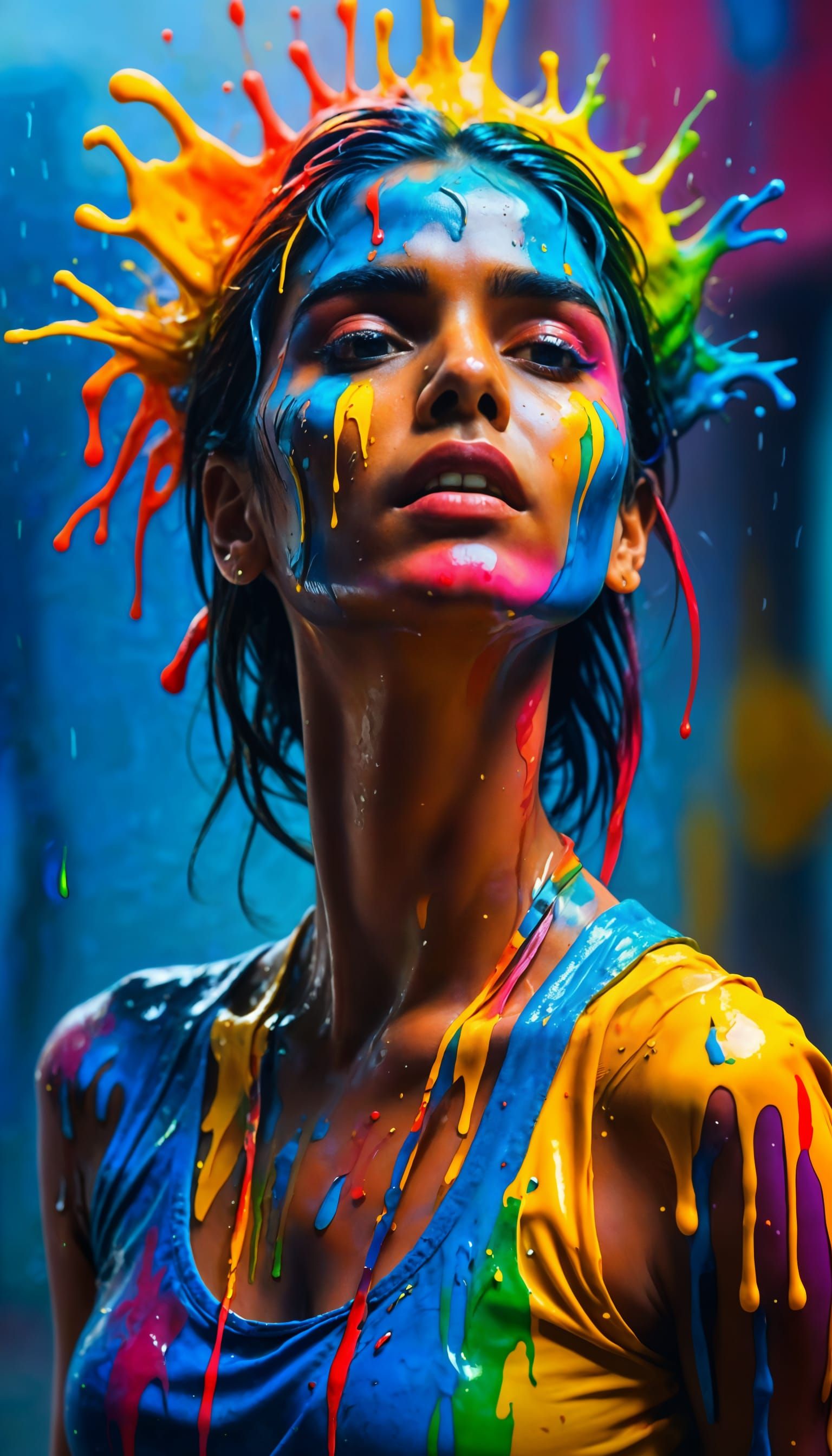 Vibrant Woman Drenched in Rainbow Paint