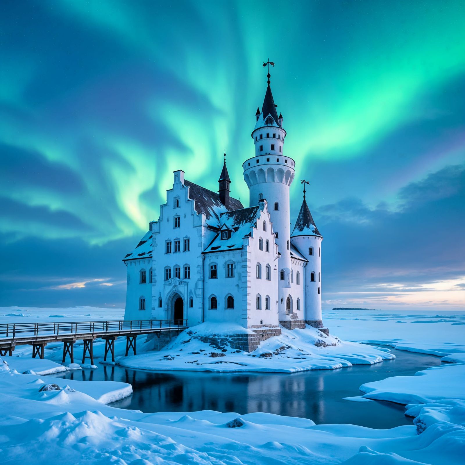 Aurora Borealis Over Icepunk Castle on Frozen Ocean