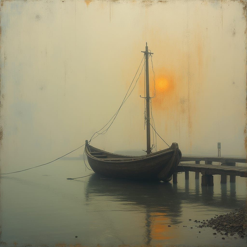 Misty Boat Dock with Dinghy in Abstract Landscape