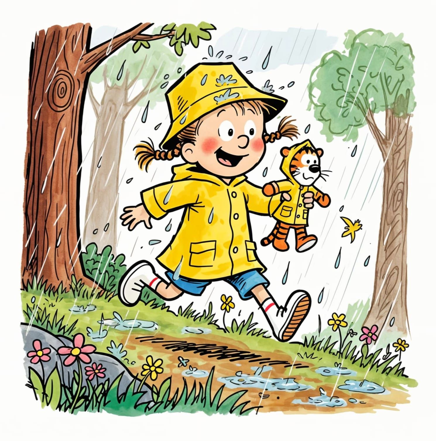 Girl and Toy Tiger in Rainy Forest