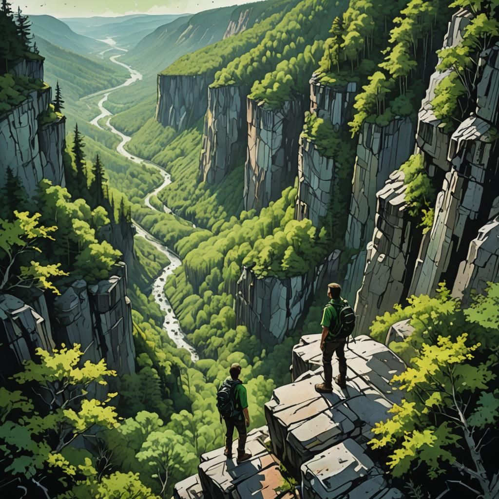 Hiker Overlooking Forested Valley in Ink Splash Art