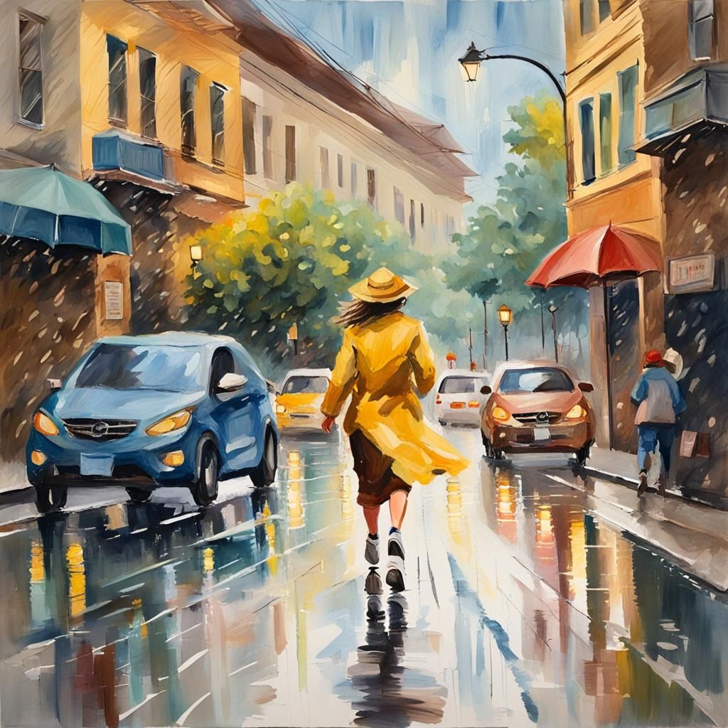 Woman Runs in Rain: Gouache Watercolor Impressionist Paintin...
