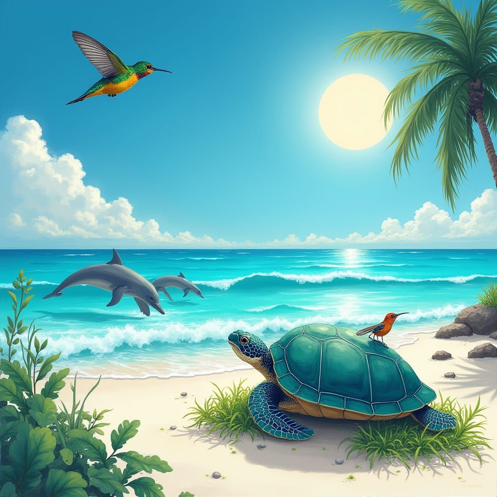 Tropical Beach Scene with Dolphins and Turtle